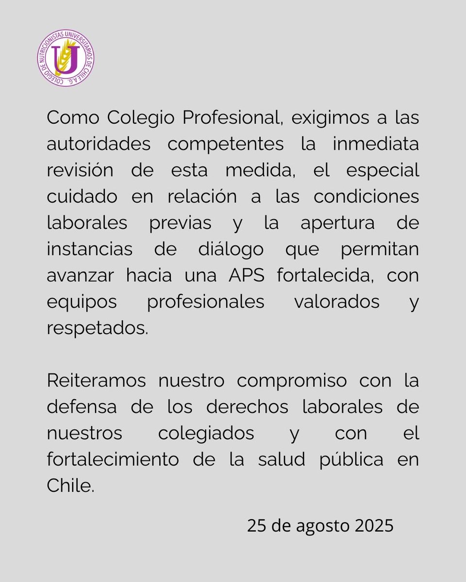 nutrichile's tweet image. 🔴 Declaración Pública | Colegio de Nutricionistas de Chile A.G.
Manifestamos nuestra profunda preocupación ante la reducción salarial en APS de Viña del Mar, que afecta con hasta un 30% a profesionales Nutricionistas.
#SaludPública #APS