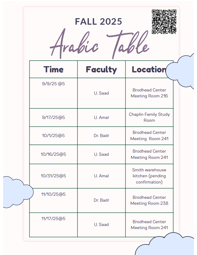 Join us for Arabic Table this semester for a fun way to improve your Arabic skills! Sign up via the QR code on the flyer below, or visit the link for more information.

calendar.duke.edu/index?gf%5B%5D…