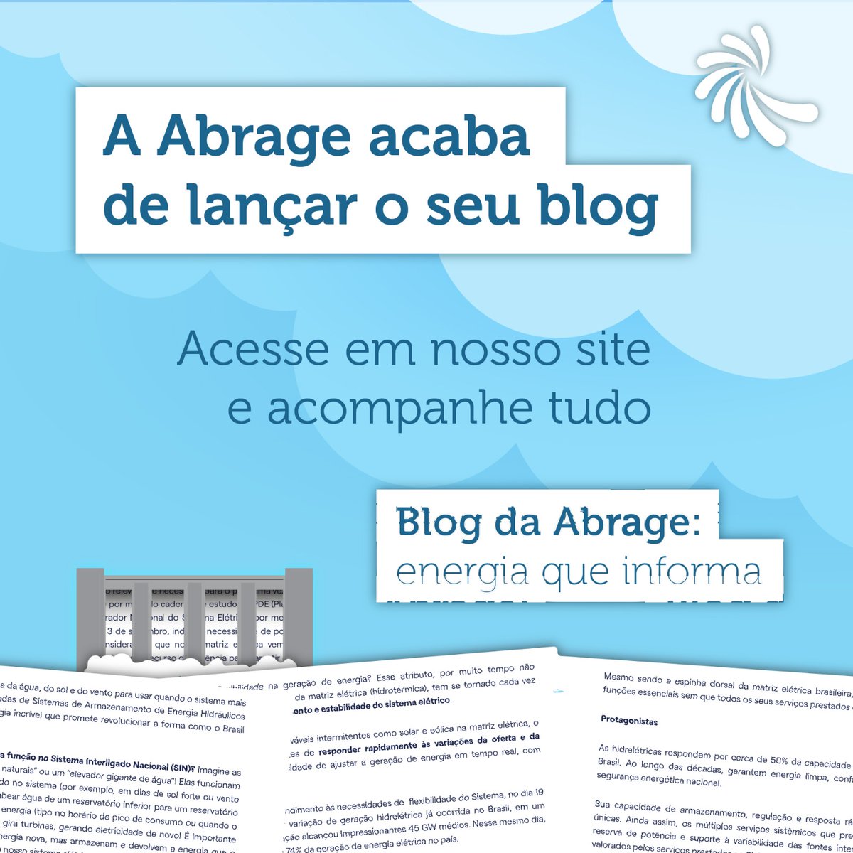 abrage's tweet photo. Lançamos o Blog da Abrage! 🎉 Um espaço novo para textos e informações sobre o futuro do setor elétrico e a promoção da hidreletricidade. Conheça aqui: https://t.co/L3IPmjgRVi https://t.co/bz7woWFpY4