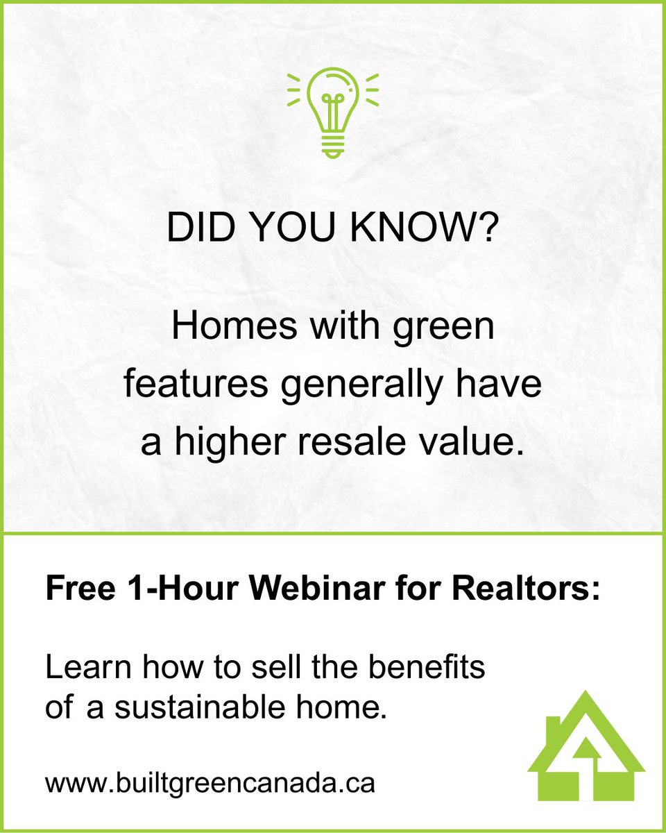 Realtors, when your homebuyers are looking at two homes, did you know that the green home is more likely to push the sale over the edge? We are offering free one-hour webinars to help you sell the benefits of a sustainable home.

Contact us to book a spot: builtgreencanada.ca/contact