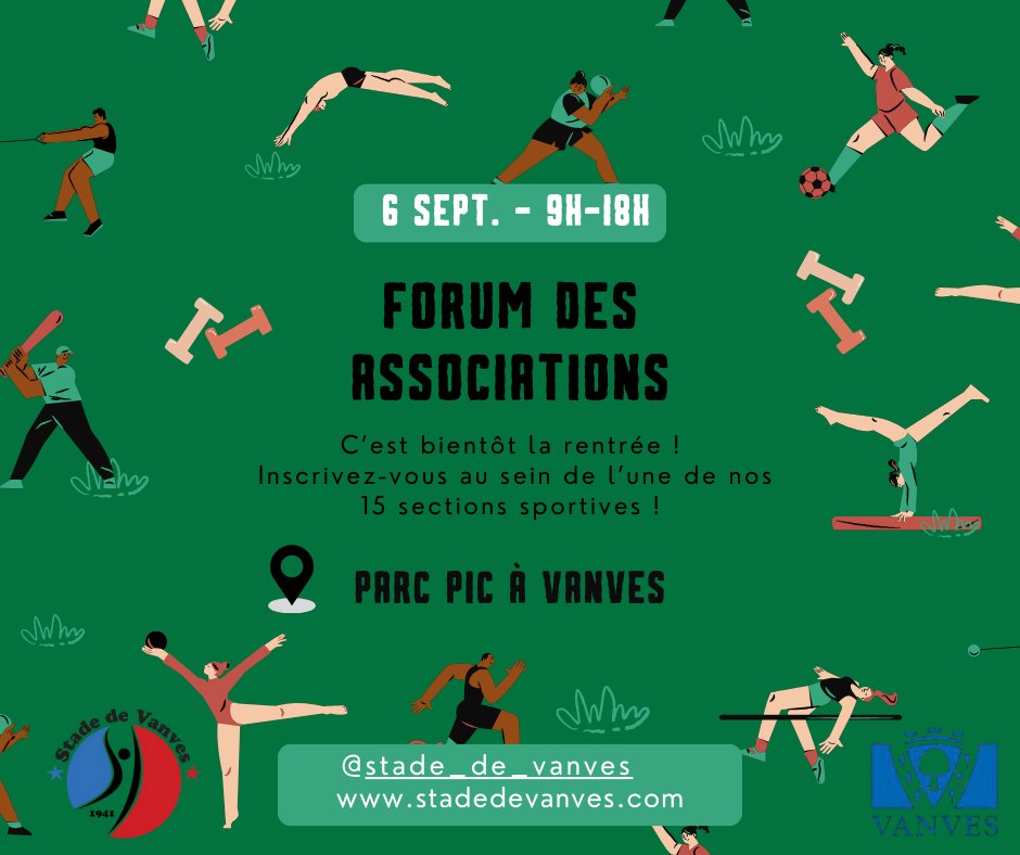 Renouvelez votre inscription au Stade de Vanves en nous retrouvant sur nos stands à l’occasion du Forums des associations ! 😄

Nous serons présents au Parc Pic le samedi 6 septembre, de 9h à 18h. 📝

Nous vous attendons avec impatience ! 👟🤸