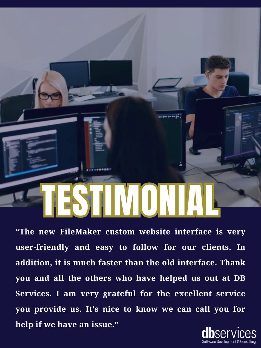 dbservices's tweet image. What drives us? Hearing this:

💬 “Thank you for all of your expertise.&quot;
💬 “I am very grateful for your excellent service.”
💬 “I know who I will be sticking with whenever I need help!&quot;

We don’t just build software — we build trust.  #ClarisFileMaker #DigitalTransformation
