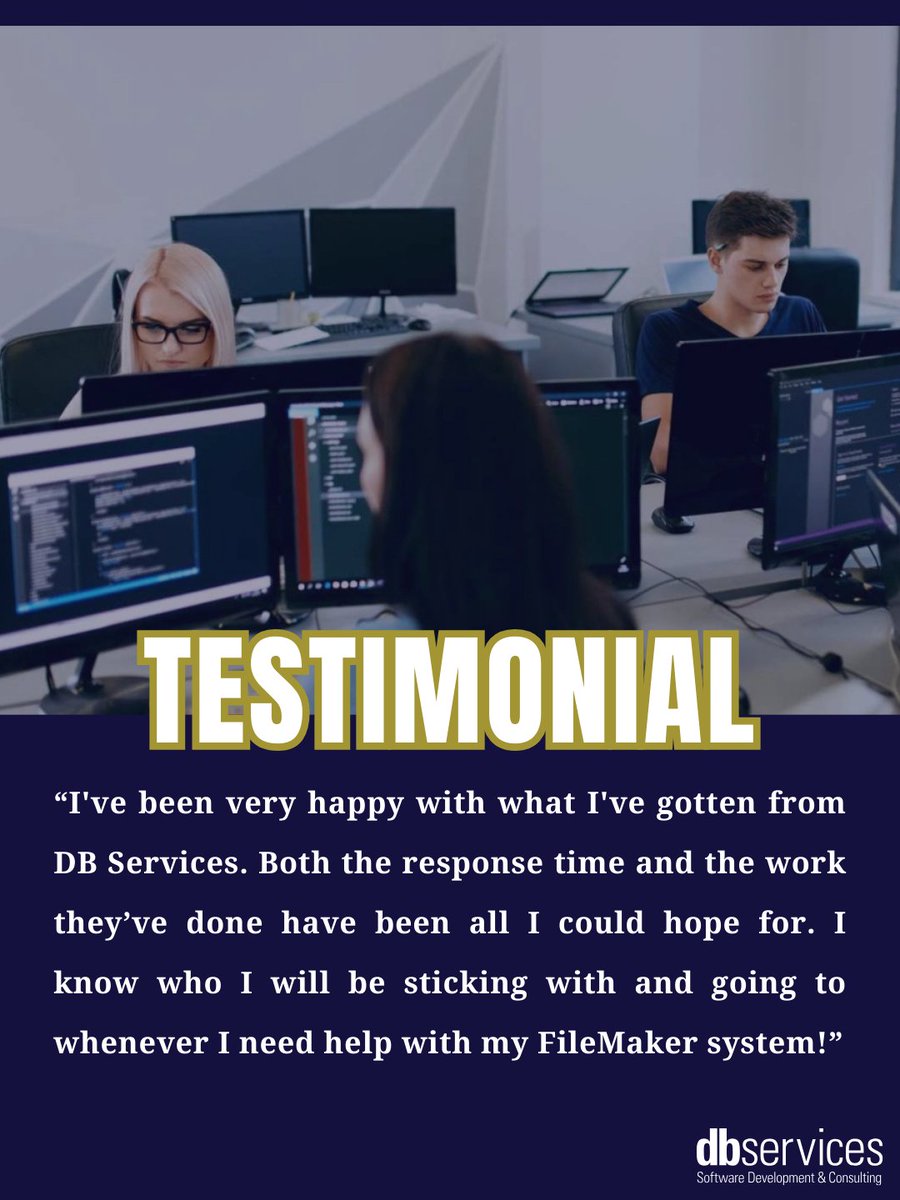 dbservices's tweet image. What drives us? Hearing this:

💬 “Thank you for all of your expertise.&quot;
💬 “I am very grateful for your excellent service.”
💬 “I know who I will be sticking with whenever I need help!&quot;

We don’t just build software — we build trust.  #ClarisFileMaker #DigitalTransformation