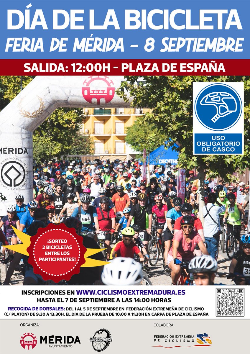 ayto_merida's tweet photo. 🚴‍♂️ El 8 de septiembre, a partir de las 12:00h, se celebrará el tradicional Día de la Bicicleta con un recorrido de unos 5 km con salida y meta en la Plaza de España #FeriaMérida2025 @Ciclismoextrema 
Inscripciones gratuitas 👉 https://t.co/x4SyFiaCs0 https://t.co/QAXq2WstUr