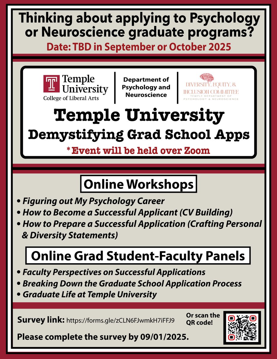 zeeshanhuque's tweet photo. 📢1 week left to register for our online workshop "Demystifying Grad School Apps" this Fall, hosted by Temple Psychology &amp; Neuroscience!

Complete the form by 9/1 and tell us what YOU want to gain from this event. Please RT!

https://t.co/LXU3uyJboi https://t.co/qmjVltKmmc