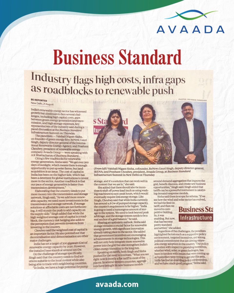 Scaling renewables means tackling costs, infra gaps &amp; storage head-on. At Business Standard Infrastructure Summit, Prashant Choubey, President &amp; Head Green Hydrogen/Ammonia Business &amp; New Initiatives Avaada Group, shared what it will take to power India’s clean energy future.