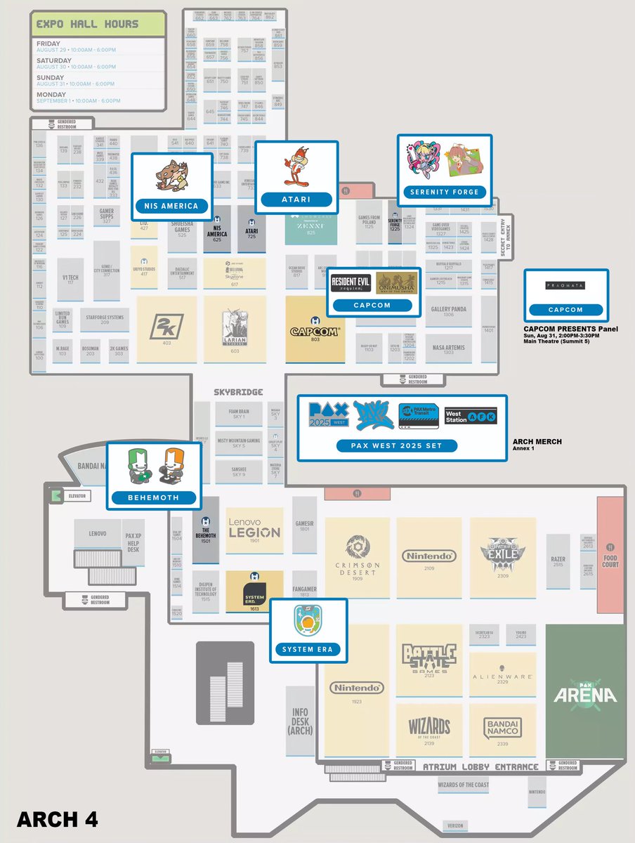 thx42's tweet photo. Here are a some maps to help you with your @pinny_arcade pin quest at #paxwest2025 - one is for the Arch building and the other two are for the Summit building. Note, LE pins are being sold at Merch Lite in Summit this year. #pax #paxwest #pinnyarcade https://t.co/L1pLj3h8Q3