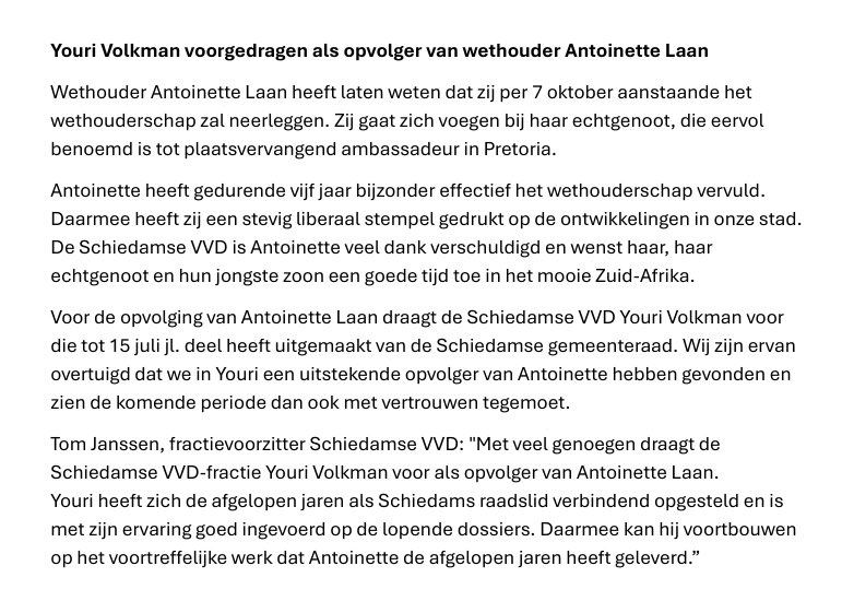 Youri Volkman voorgedragen als opvolger van wethouder Antoinette Laan 

#Schiedam #vvd