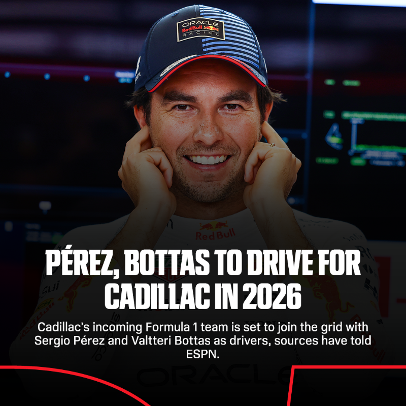 ESPNF1's tweet photo. Sergio Perez is returning to F1 to drive for the Cadillac team joining the grid in 2026 along with Valterri Bottas, sources told ESPN.