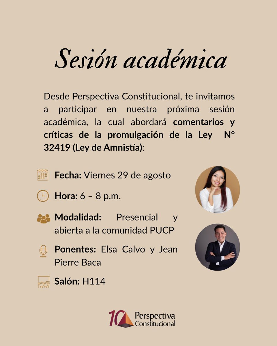 Invitamos a la #ComunidadPUCP a asistir a nuestra Sesión Académica Abierta sobre la recientemente promulgada Ley de Amnistía.

🗓️ Viernes 29 de agosto
⏰ 6 p.m. 
📍Aula H114 de la PUCP

🔗 Inscríbete aquí: forms.gle/d6zC9tJvw8BfqG…