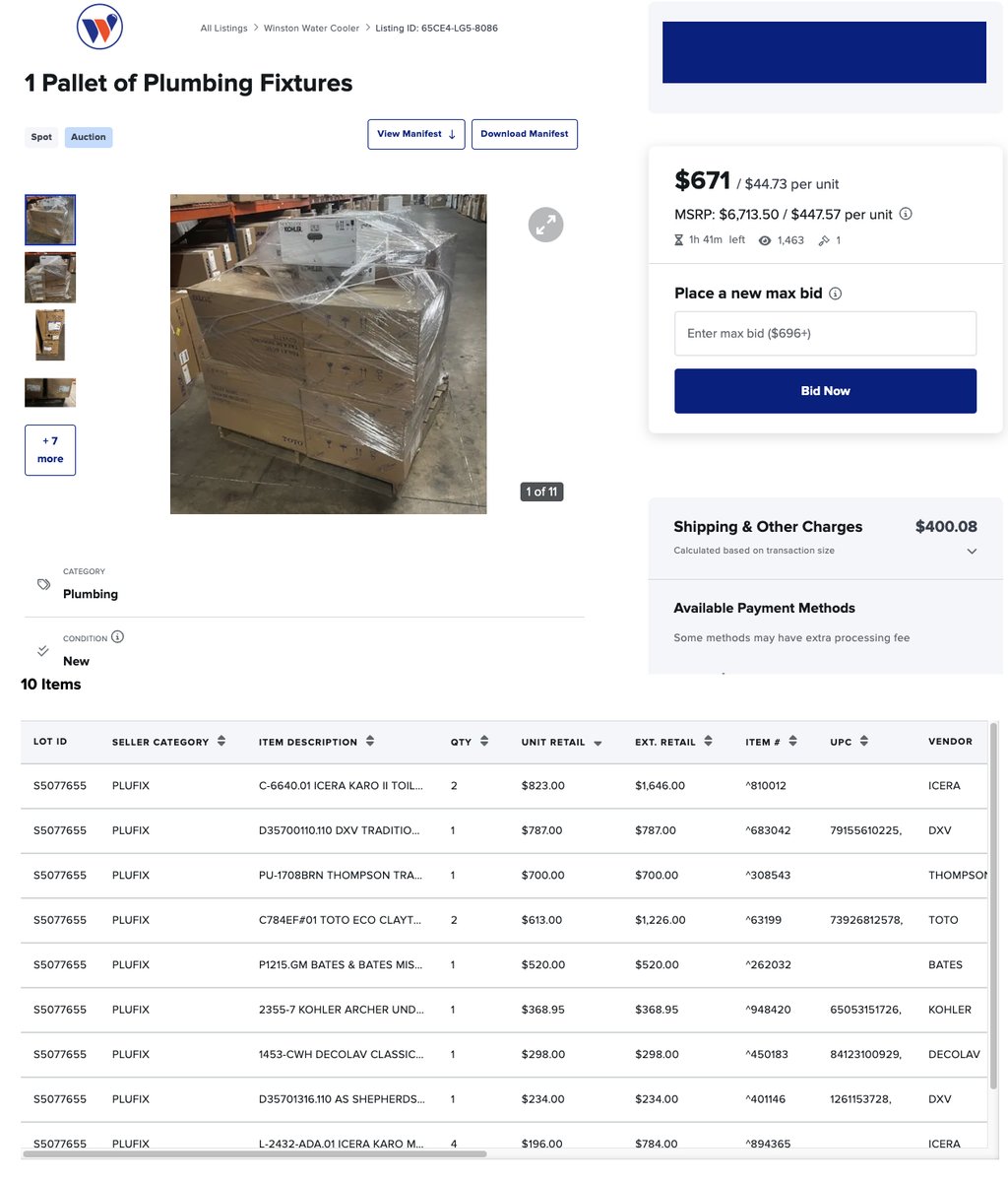 Toilets can make you rich.

"1 pallet of Plumbing Fixtures"

$6,713 bid to $671

98.3% of buyers won't pay any attention to this auction.

This is a huge mistake.

Here's why this deal is so profitable:

Technically, these are "plumbing fixtures."

In reality, they are brand-new