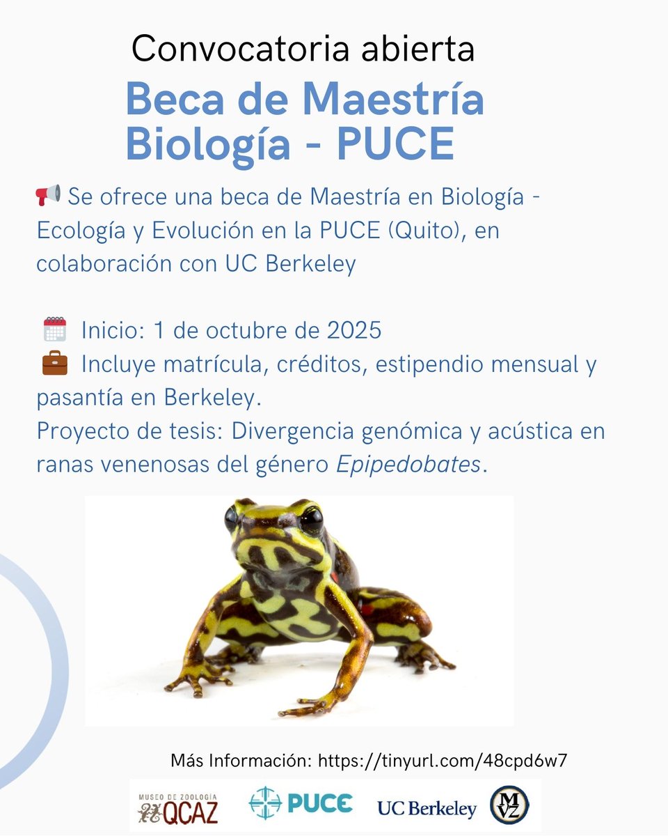 Beca de maestría en <a href="/PUCE_Ecuador/">PUCE Ecuador</a>  estudiando genómica y bioacústica en ranas venenosas
Más detalles en: tinyurl.com/48cpd6w7
Favor RT