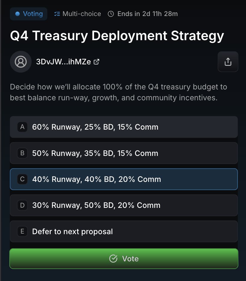 Detailed view of voting options in a single-choice DAO proposal for Q4 treasury allocation