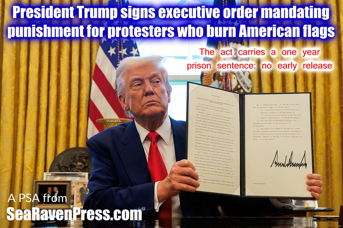 Good new for patriots: Today President Trump signed an executive order mandating a one year prison sentence for protesters who burn the U.S.  flag: no early release. A public service announcement from SeaRavenPress.com #AmericaFirst #Trump #WTP #USFlag #FaithFamilyFreedom