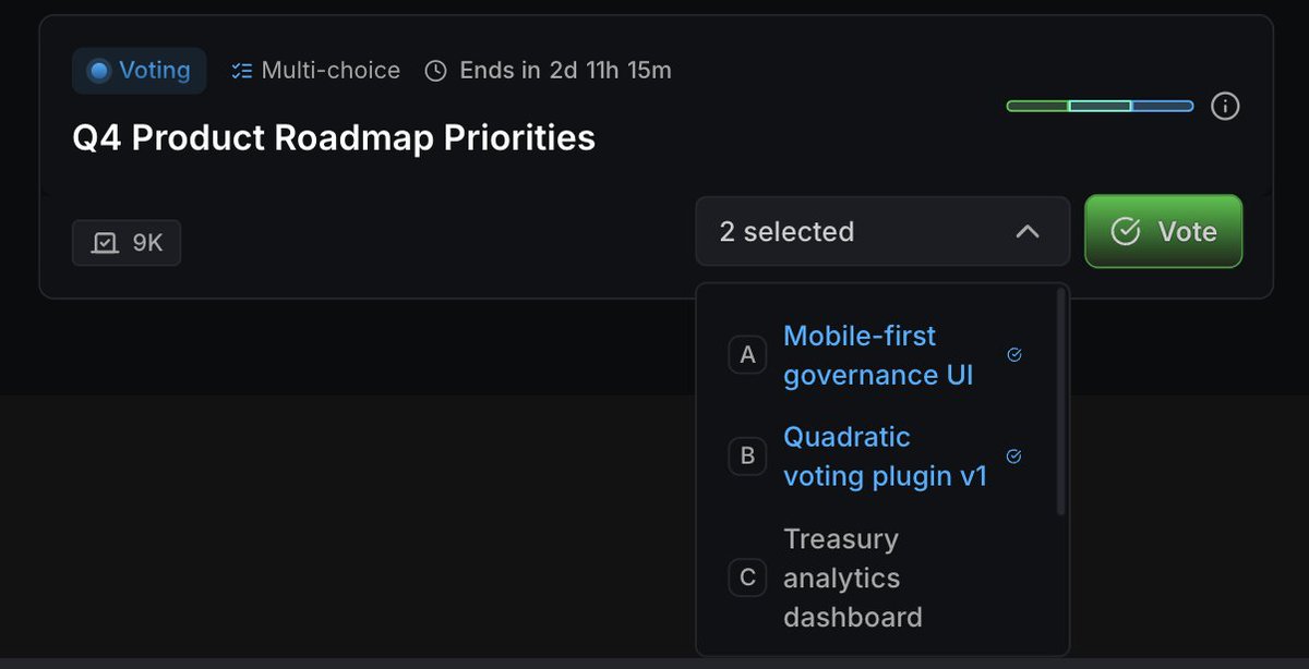 Screenshot illustrating a multi-choice proposal on Realms DAOs for product roadmap priorities