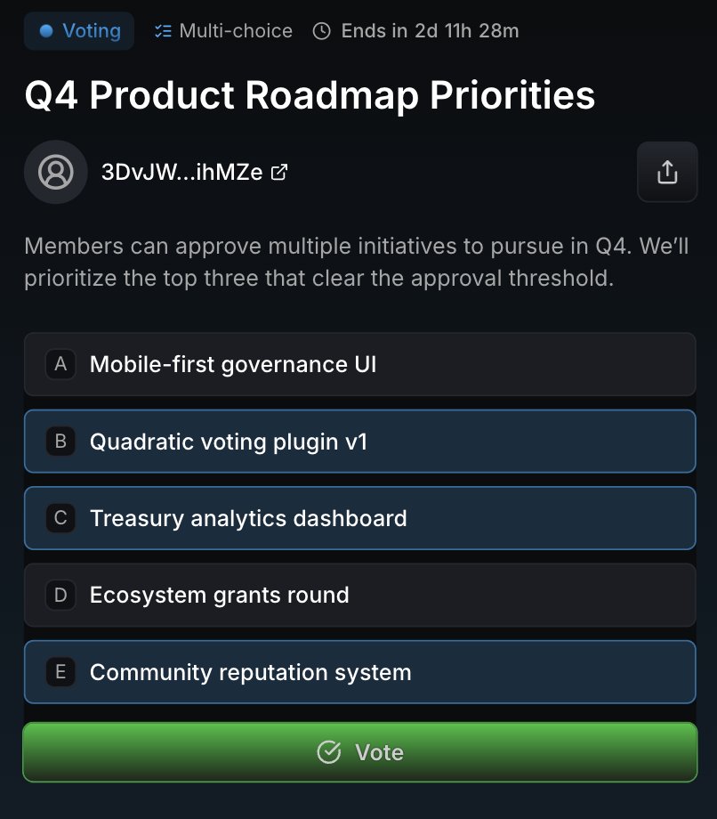 Example of multi-select voting in a DAO proposal highlighting Q4 initiatives
