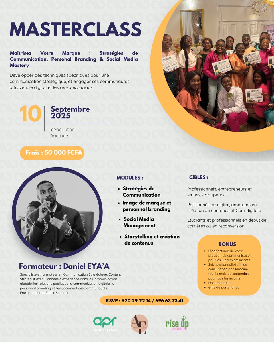 Apres 8 années d’expérience dans la communication stratégique, d’impact et digitale, j’organise ma toute 1ere Masterclass à Yaoundé 

Thème : Maitrisez votre marque : stratégies de communication, personnal branding et social media management 

Détails 👇🏽
Please RT 🙏🏼