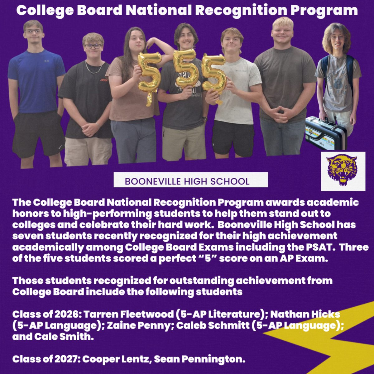 BvilleSchools's tweet image. Seven BHS students recognized for work in AP classes.

#learningisrequired #bestisthestandard #bearcatsalltheway