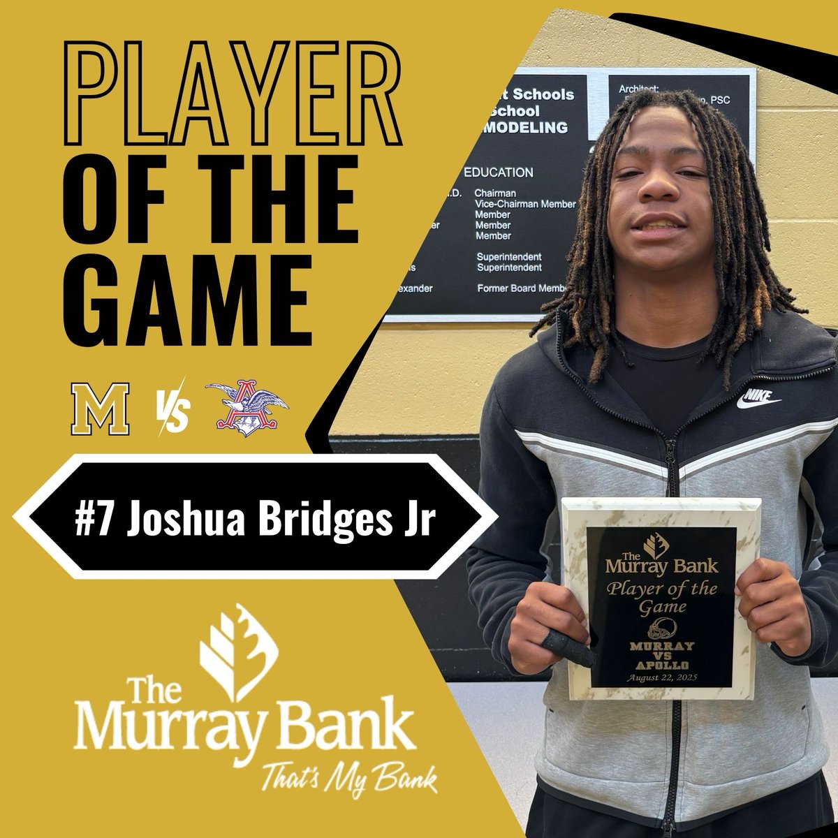 TheMurrayBank (@themurraybank) on Twitter photo Congratulations to Joshua Bridges Jr, The Murray Bank Player of the Game, for his performance against Apollo! #ThatsMyBank #PlayerOfTheWeek
<a href="/murrayhighFB/">Melvin Cunningham</a> Congratulations to Joshua Bridges Jr, The Murray Bank Player of the Game, for his performance against Apollo! #ThatsMyBank #PlayerOfTheWeek
<a href="/murrayhighFB/">Melvin Cunningham</a>