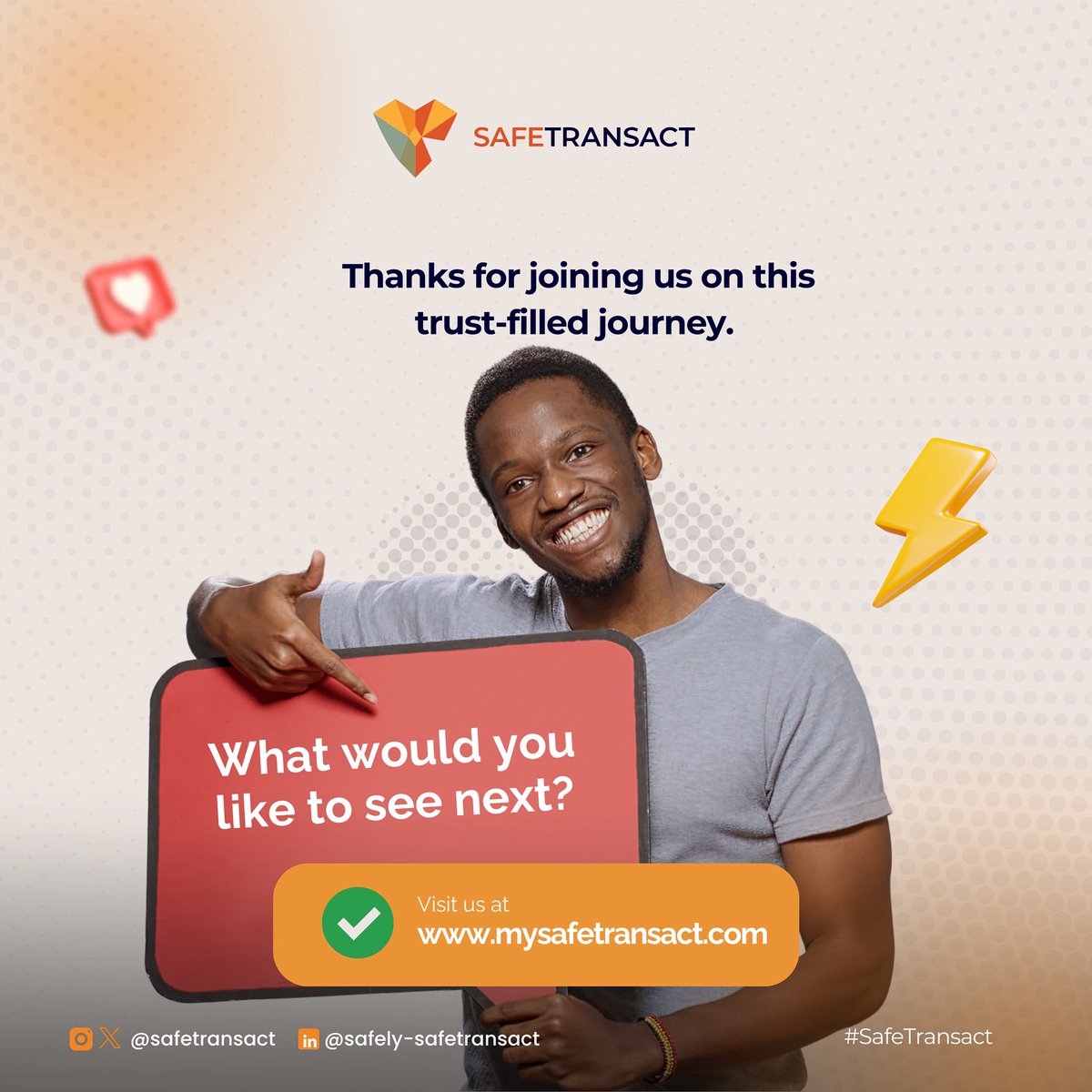 safetransact's tweet image. We value your voice 💚

What’s your favourite SafeTransact feature? Your least favourite? And what would you love to see next? 👇🏽

Let’s talk — we’re listening.

#SafeTransact #ShopOnline