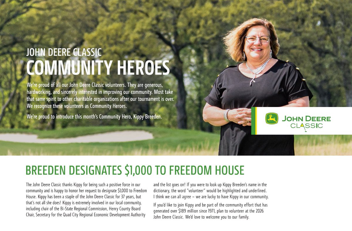 John Deere Classic (@jdclassic) on Twitter photo Congratulations to our August Community Hero - Kippy Breeden!
Kippy is the ultimate volunteer! She gives her heart to the causes she cares about and we are so lucky to have her as part of the John Deere Classic family. Kippy is giving her $1,000 donation to Freedom House. Congratulations to our August Community Hero - Kippy Breeden!
Kippy is the ultimate volunteer! She gives her heart to the causes she cares about and we are so lucky to have her as part of the John Deere Classic family. Kippy is giving her $1,000 donation to Freedom House.