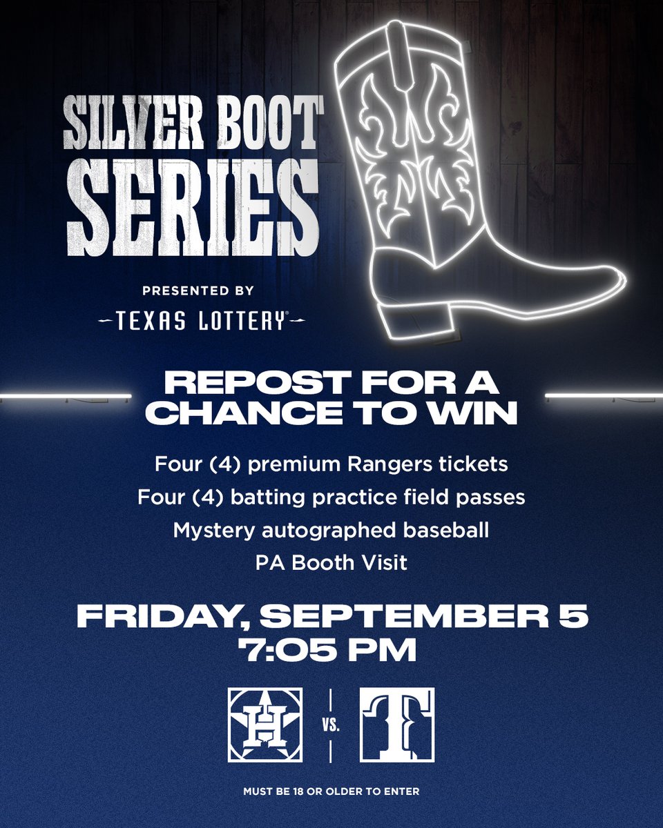Texas Rangers (@rangers) on Twitter photo Repost today for a chance to win this #LuckHappens VIP Experience on September 5 from <a href="/TexasLottery/">Texas Lottery</a> during the Silver Boot Series!
Must be 18 or older to enter. Repost today for a chance to win this #LuckHappens VIP Experience on September 5 from <a href="/TexasLottery/">Texas Lottery</a> during the Silver Boot Series!
Must be 18 or older to enter.