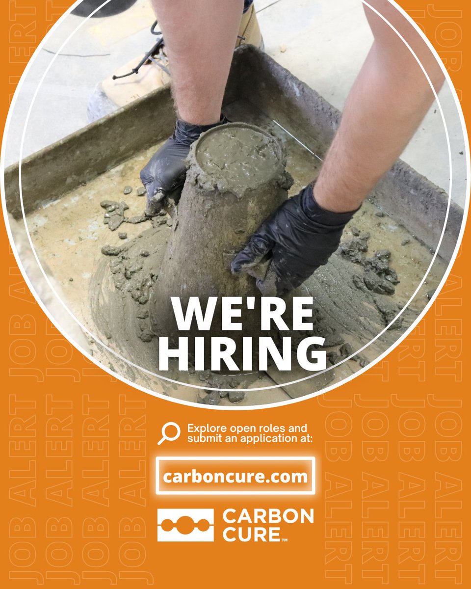 Get paid to save the planet! 🌎

#WereHiring: Help #CarbonCure advance our solution that permanently stores captured CO2 in concrete &amp; keeps even more CO2 out of the atmosphere via cement cuts.

Visit our Career page to see our #ClimateJobs &amp; apply today: bit.ly/4gBN0uI