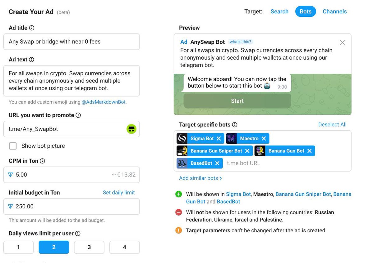AnySwapBot's tweet image. Good Monday Morning from our team!

We’ve been heads down working on a dApp alternative to the Any Swap Bot on telegram which will be released soon 👀

We are deploying an ads campaign on telegram focusing on bots that traders and developers use as well as channels within the…