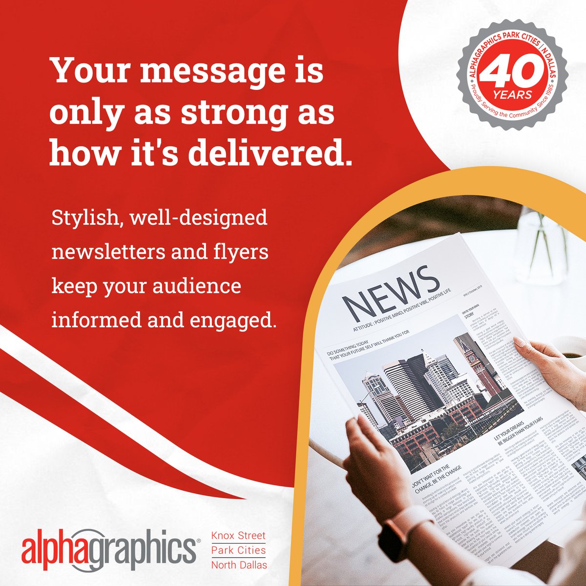 Strong messages need strong delivery. 

Printed newsletters and flyers not only share your updates, they reinforce credibility, create engagement, and leave a lasting impression.

#NorthDallas #Marketing #CustomSignage #Signage #PrintServices #Prints #AlphaGraphicsParkCities