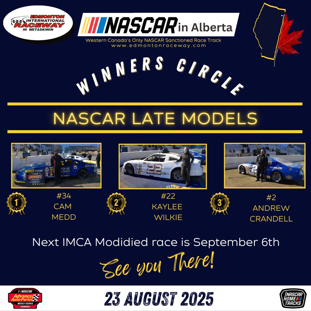 EIRNASCAR's tweet image. Here is our Winners from last Saturday Night at Edmonton International Raceway in Wetaskiwin.  Thank you for everyone who came out to watch great racing.  Next race is August 30th, full details at edmontonraceway.com
#futurestocks #thundercars #latemodels #purestocks