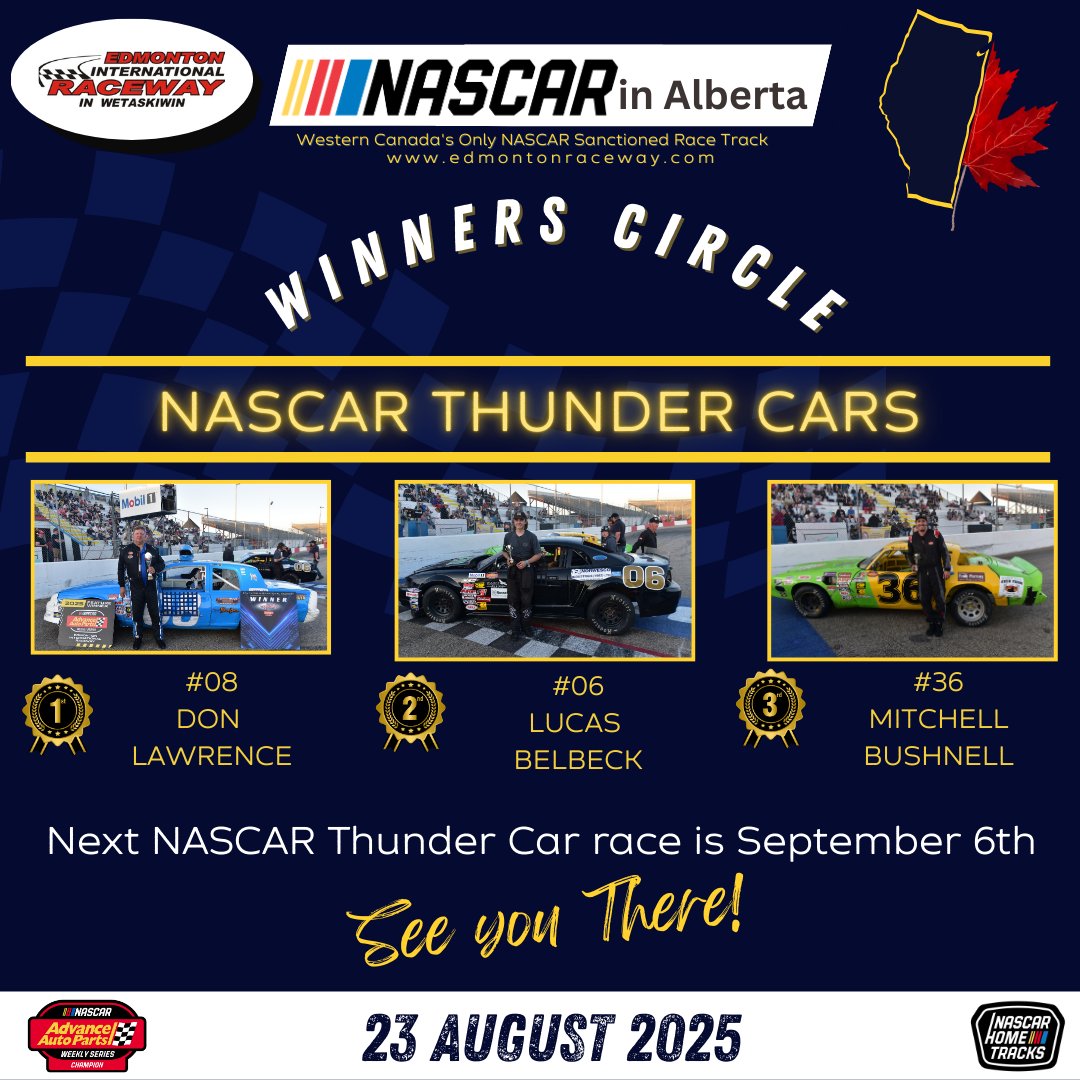 EIRNASCAR's tweet image. Here is our Winners from last Saturday Night at Edmonton International Raceway in Wetaskiwin.  Thank you for everyone who came out to watch great racing.  Next race is August 30th, full details at edmontonraceway.com
#futurestocks #thundercars #latemodels #purestocks