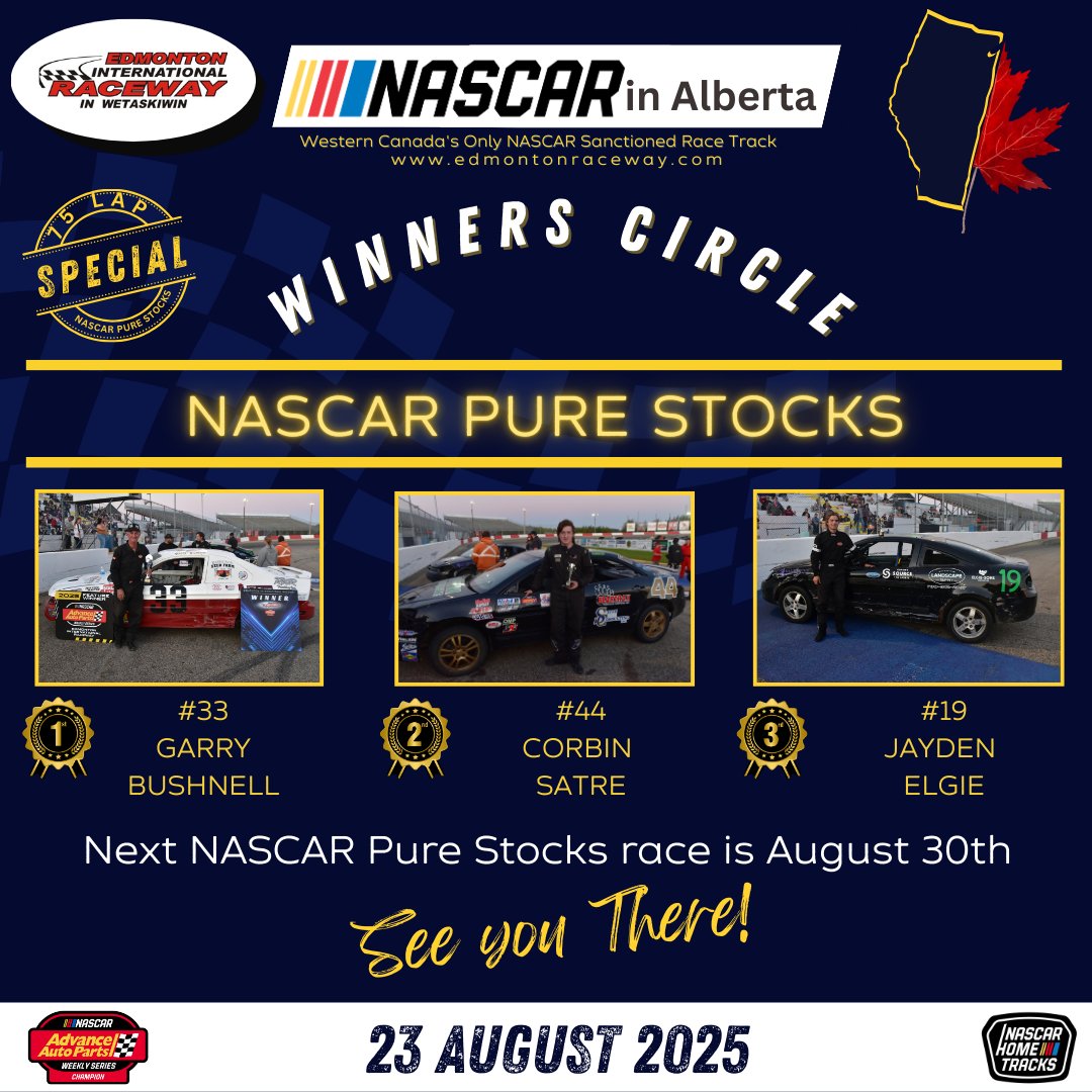 EIRNASCAR's tweet image. Here is our Winners from last Saturday Night at Edmonton International Raceway in Wetaskiwin.  Thank you for everyone who came out to watch great racing.  Next race is August 30th, full details at edmontonraceway.com
#futurestocks #thundercars #latemodels #purestocks