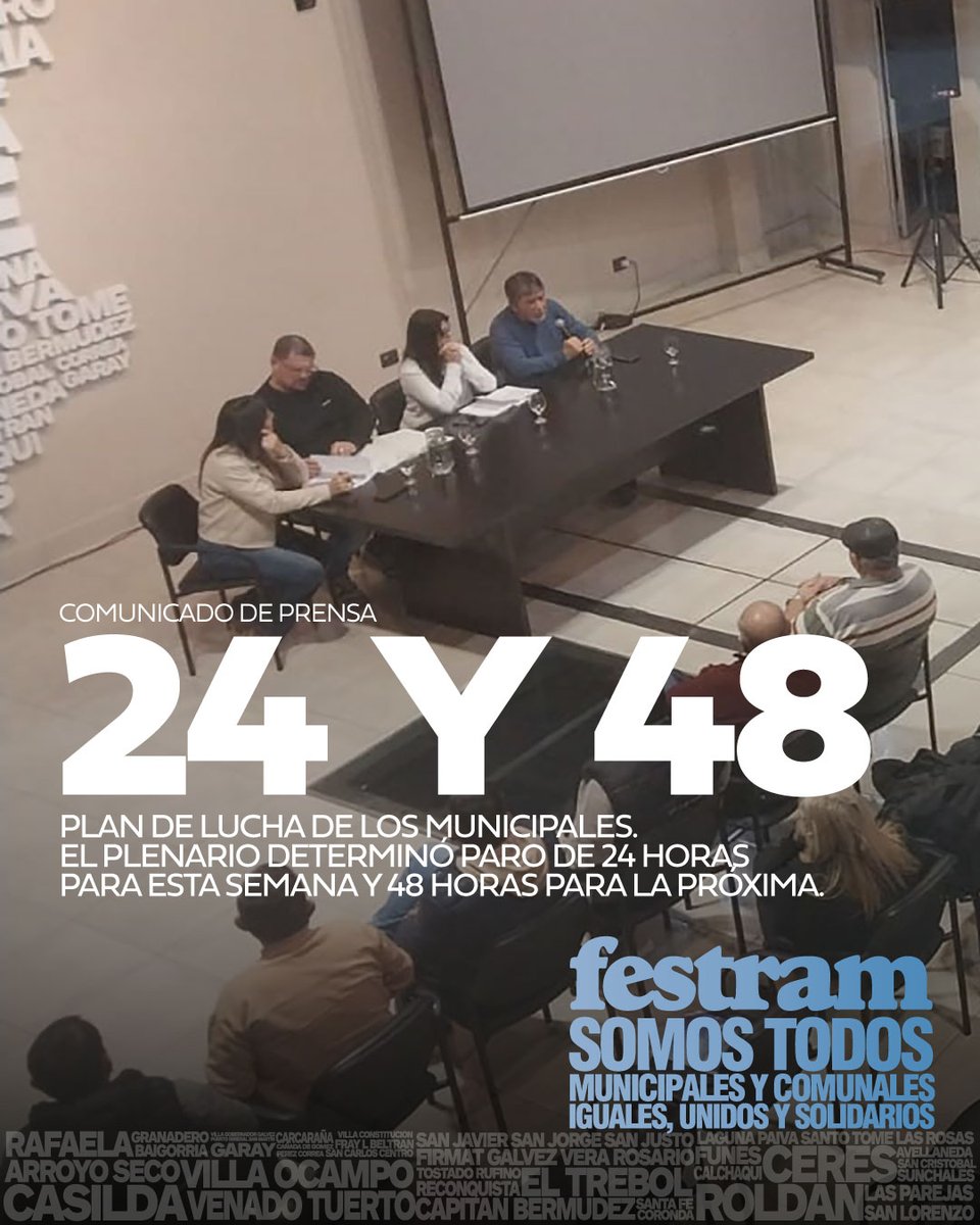 PLAN DE LUCHA DE LOS MUNICIPALES.

El Plenario determinó PARO DE 24 horas para esta semana y 48 horas para la próxima.

municipales.org.ar/festram/plan-d…