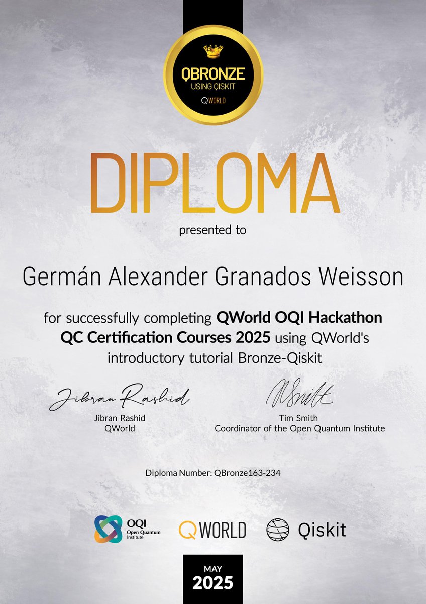Germán Granados estudiante  de Doctorado en Ingeniería Eléctrica mención Telecomunicaciones y  miembro del GICOM, ha culminado su preparación en QWorld OQI Hackathon, y acaba de obtener su certificación QBronze.
<a href="/cparedesverduga/">Cecilia Paredes Verduga</a>  <a href="/JorgeAragundiR/">Jorge Aragundi R</a>  <a href="/FranciscoNovil3/">Francisco Novillo</a> <a href="/rcajo_/">Ricardo Cajo Diaz</a>