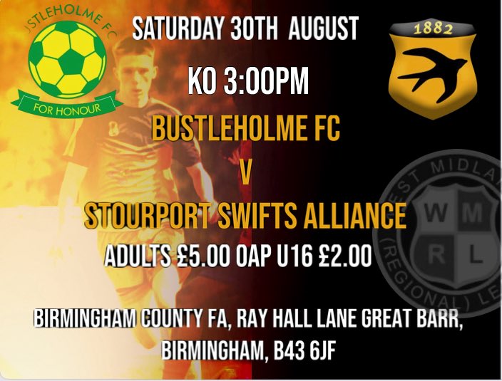 Saturday sees us travelling to old friends &amp; rivals <a href="/BustleholmeFC1/">Bustleholme FC</a>, looking forward to a great game . <a href="/StourportSwifts/">Stourport Swifts FC</a> <a href="/BewdleyTownFC/">Bewdley Town FC</a> <a href="/wmrfl/">West Midlands (Regional) League</a>