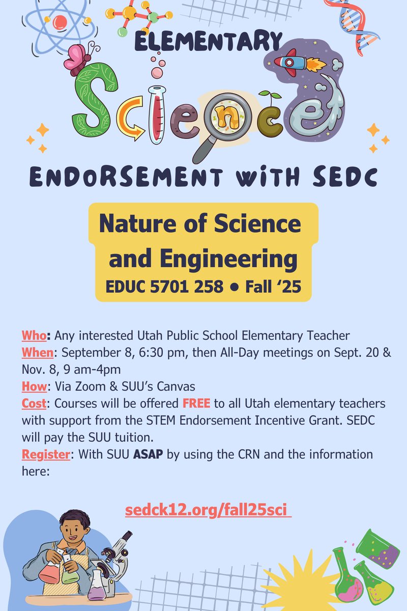 Level up your teaching! Our Fall '25 Elementary Science Endorsement course is FREE for Utah teachers. Get grant-funded tuition &amp; fees. Meetings start Sept 8 via Zoom.

Register: sedck12.org/fall25sci #ScienceEd #TeacherPD