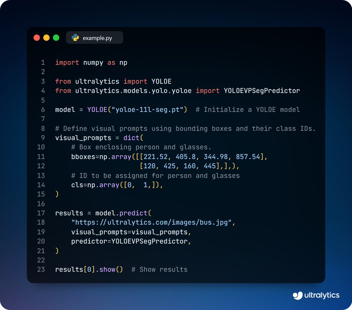 ultralytics's tweet image. Run visual prompt-based detection with YOLOE using Ultralytics!

Just draw a box around what you want to detect, YOLOE focuses only on that object class. Perfect for real-time, user-guided applications.

Try it out ➡️ docs.ultralytics.com/models/yoloe/

#YOLOE #VisualPrompts #AI