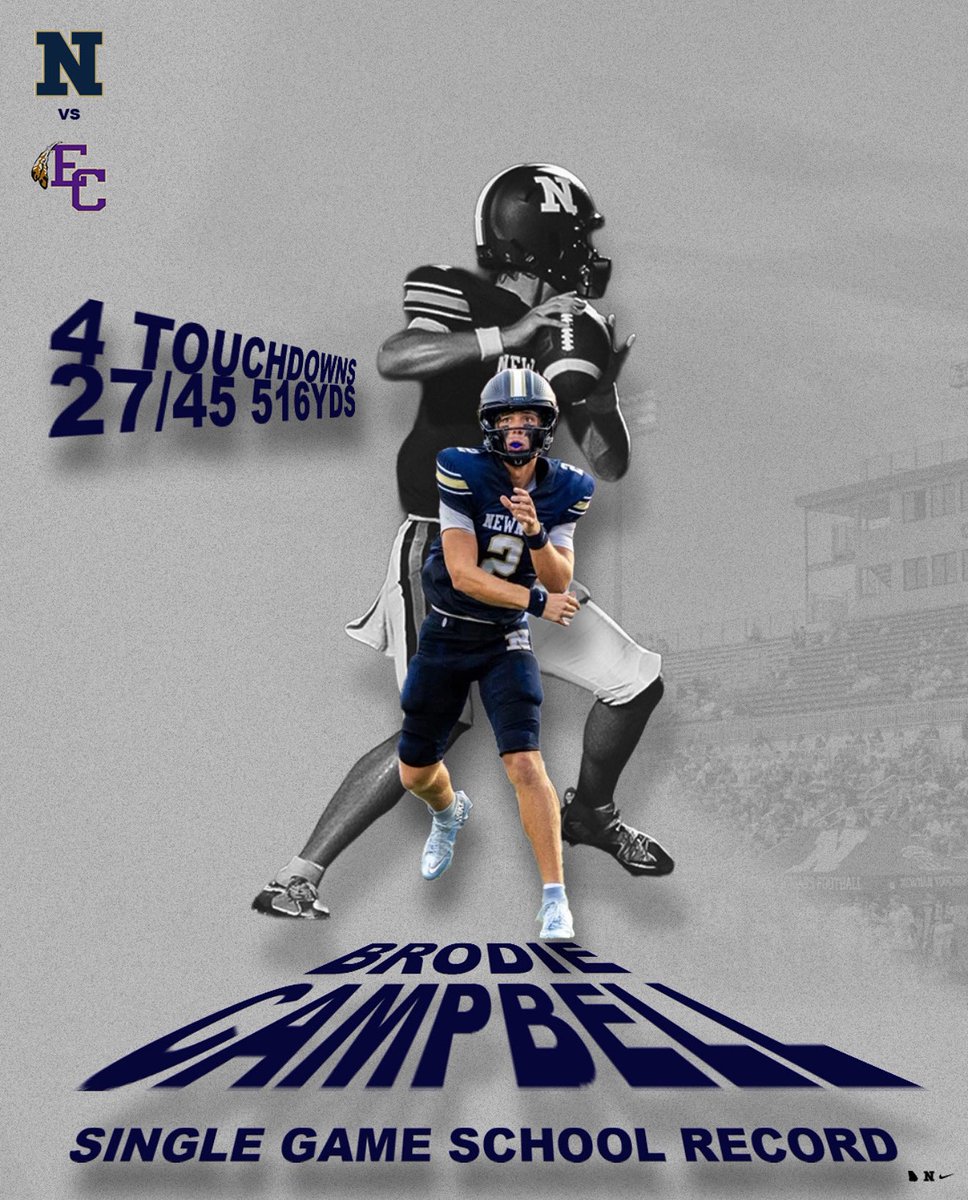 We are excited to announce that Brodie Campbell has broken the All Time Newnan High School Single Game Passing Yards Record with his 516 yard performance Friday night against @east_coweta_football ! 

This is according to the historical records that we have available! 

Graphic