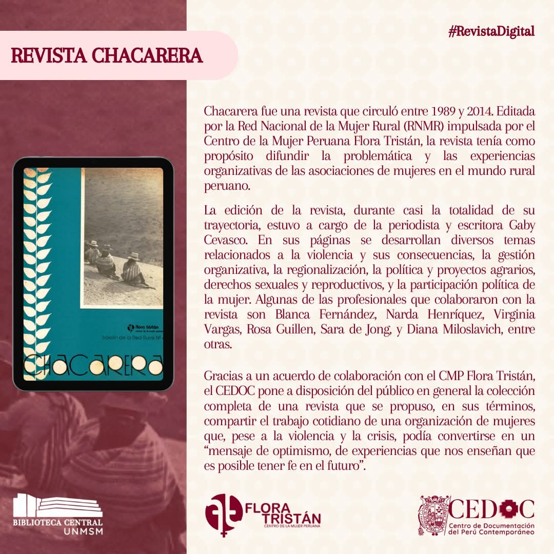 cedoc_unmsm's tweet image. 📣[YA DISPONIBLE LA NUEVA REVISTA CHACARERA]

Hoy, gracias a un convenio con el CMP Flora Tristán, el CEDOC conserva y difunde su colección completa como testimonio de resistencia y lucha.

🖥️Visita la revista Chacarera en: cedoc.sisbib.unmsm.edu.pe/biblioteca-dig…