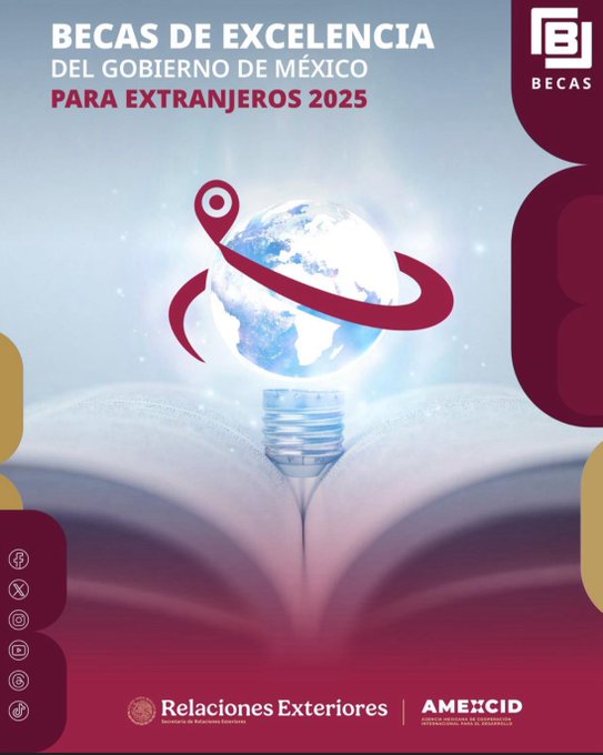 🎓 Study in 🇲🇽 with a scholarship!

The 2025 Call for Applications for the Government of Mexico’s Excellence Scholarships for Foreigners is now open. 🌍📚

✅ Apply to one of 80+ universities
🗓 Online registration: July 21 – Sept 12
👉 More information: bit.ly/4lnPrUg