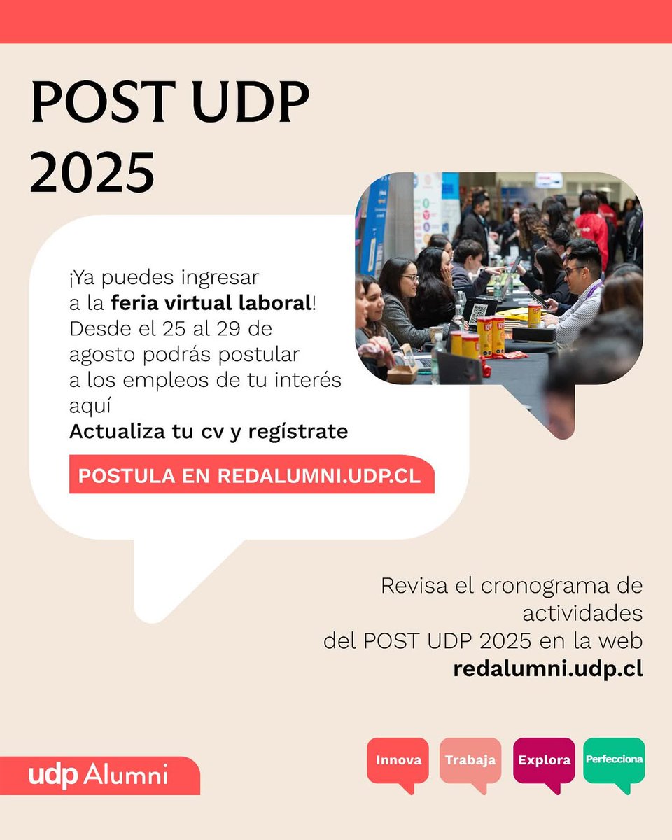 #POSTUDP | Esta semana se desarrolla el Post UDP 2025, desde hoy puedes ingresar a la feria virtual laboral y postular a los empleos de tu interés. 

Ingresa a redalumni.udp.cl 📲

#UDP #Alumni #Chile