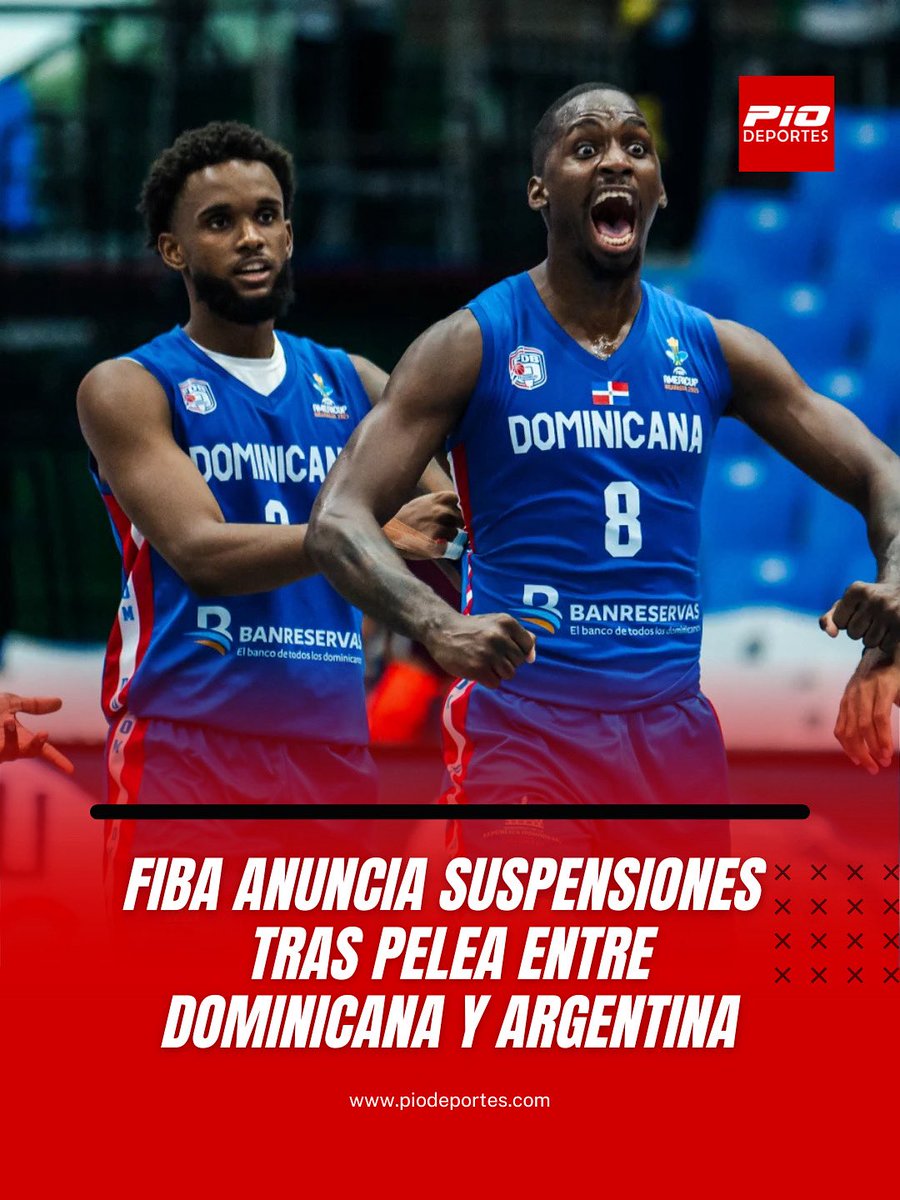 Llegó el comunicado de FIBA anunciando las suspensiones tras la pelea al final del partido entre Dominicana y Argentina. 

🇩🇴Dominicana:

David Jones queda suspendido por dos partidos oficiales FIBA.  

Juan Guerrero queda suspendido por un partido oficial FIBA.  

Juan Suero