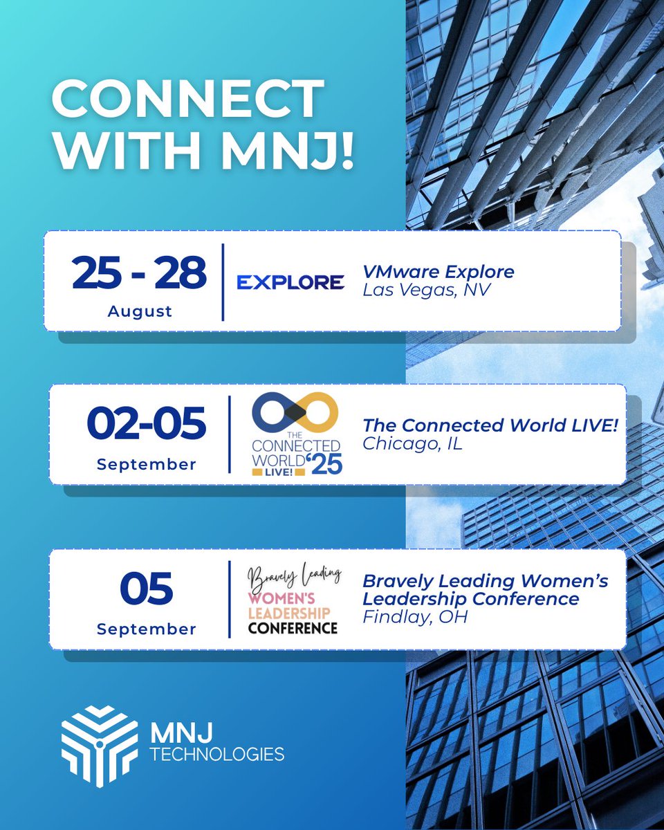 MNJTechnologies's tweet image. ✈️ MNJ is going cross-country!

Catch us at these upcoming events:

8/25-8/28: @VMwareExplore – Las Vegas, NV

9/2-9/5: The Connected World LIVE! by @connected2fiber – Chicago, IL

9/5: Bravely Leading Women’s Leadership Conference – Findlay, OH

#MNJTech