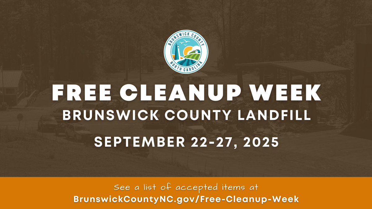 📣 The next Free Cleanup Week at the Brunswick County Landfill will take place September 22–27, 2025. Details: ow.ly/UZ0j50WJbLQ

#BrunsCo property owners and residents can dispose of all materials, except for regular household trash and hazardous waste, free of charge