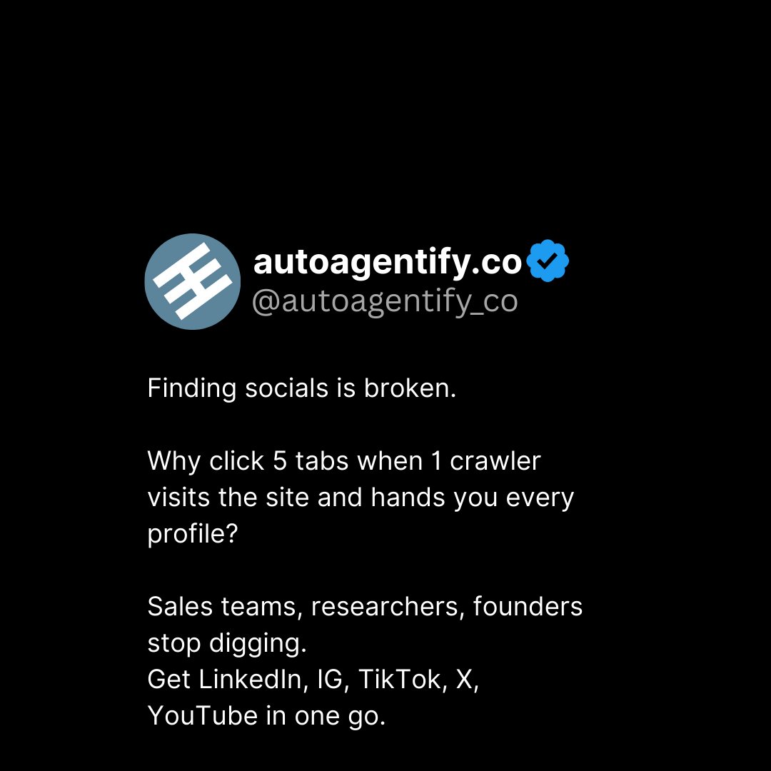 autoagentify_co's tweet image. The crawler reel drops tomorrow.

Stay tuned!! This one changes how you find socials forever.

#aiworkflow #autoagentifyco #webcrawler #socials #marketing #leadgen