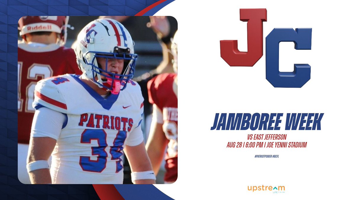 JAMBOREE WEEK!

The PATRIOTS will take on the East Jefferson Warriors this Thursday, August 28th at Joe Yenni Stadium in the Jamboree. Kickoff is set for 6:00 PM. 

Come out and support your PATRIOTS! 

#PatriotPower #BCFL