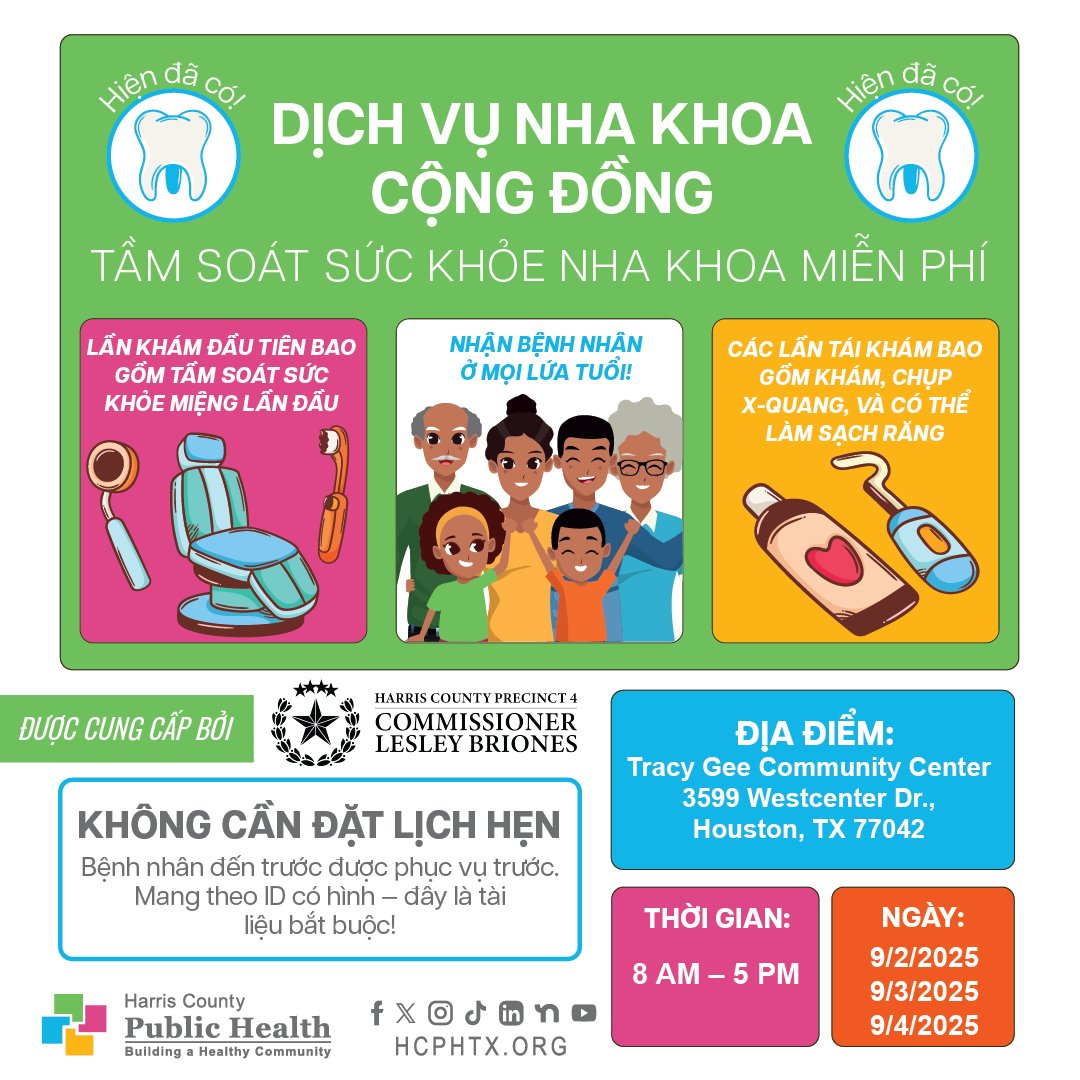 hcphtx's tweet image. Smiles start here! 😁🦷✨ 
Harris County Public Health is offering FREE dental screenings on first visits (screening only) to help keep our community healthy and smiling! Walk-ins welcome! 

📅 Dates: September 2 – September 4, 2025 
⏰ Time: 8 AM – 5 PM (Closed 12:00 PM – 1:00…