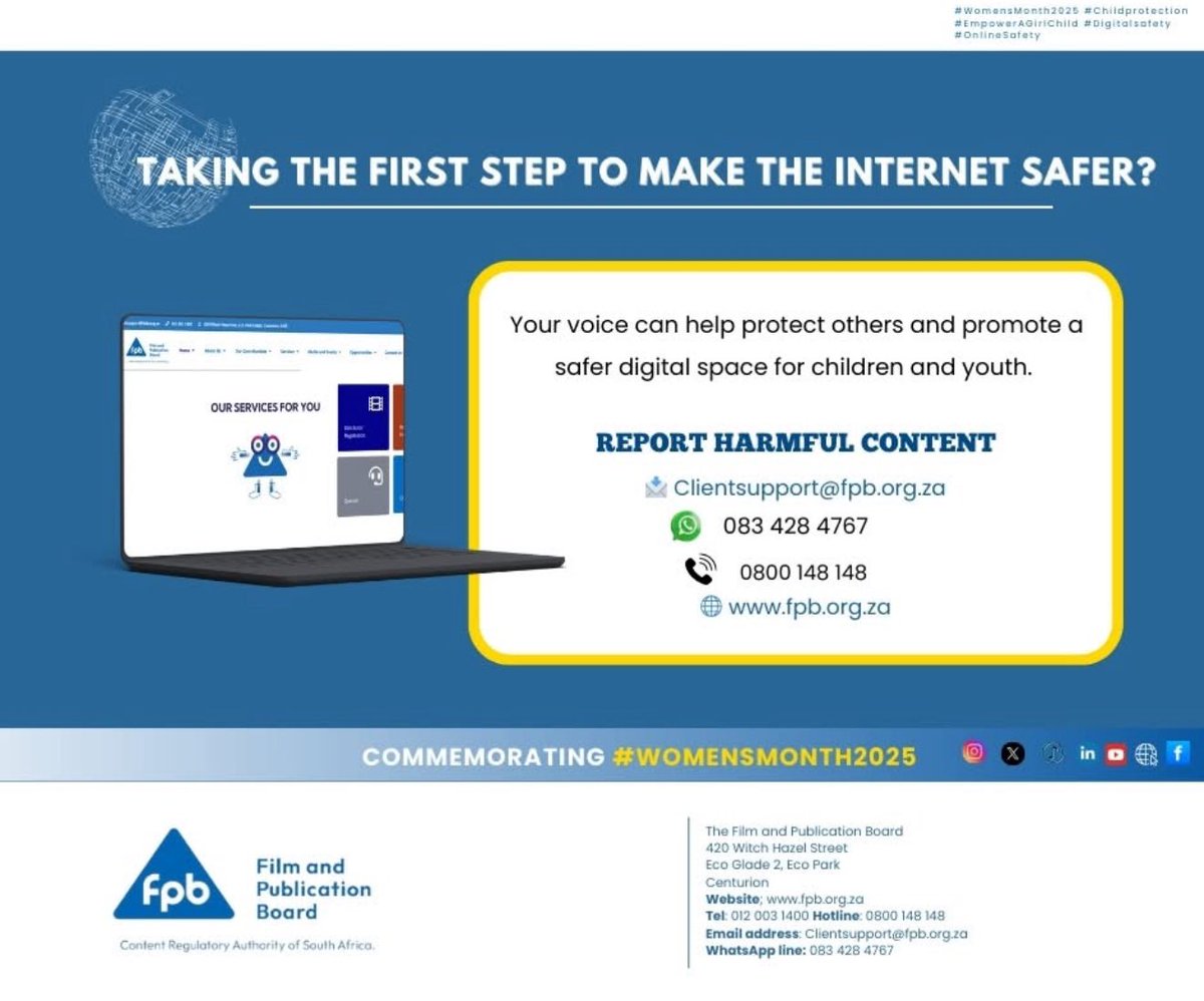 Every click, every share, every report makes a difference!

What you can report on to us:
&gt;Child Sexual Abuse Material (CSAM).
&gt;Online Child Abuse / Cyberbullying.
&gt;Adult pornography made accessible to children.
&gt;Harmful or prohibited online content.

#WomensMonth2025