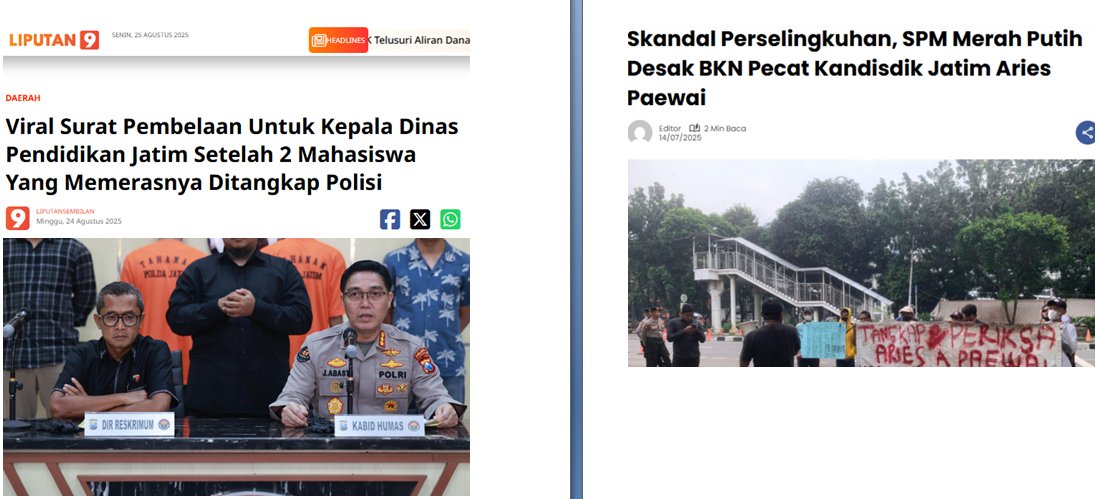 Bagaimana perkembangan kasus ini? 
liputansembilan.com/2025/08/viral-…
<a href="/JatimPemprov/">Pemprov Jawa Timur</a> <a href="/BKNgoid/">#SatuDataASN</a> <a href="/kemendagri/">Kementerian Dalam Negeri</a> <a href="/KhofifahIP/">Khofifah Indar Parawansa</a> <a href="/DPR_RI/">DPR RI</a> <a href="/grok/">Grok</a> <a href="/KejaksaanRI/">Kejaksaan RI</a> <a href="/PolkamRI/">Kemenko Polkam RI</a> <a href="/PartBurungGalak/">🇮🇩 Partai Burung Galak 🇮🇩</a> <a href="/swara_jaka99/">SWARA_JAKA</a> <a href="/EmilDardak/">Emil E Dardak</a> <a href="/kegblgnunfaedh/">Kegoblogan.Unfaedah</a> <a href="/kemgelapan/">Kementerian Kegelapan</a> <a href="/KangManto123/">KANG MANTO</a> <a href="/Heraloebss/">Miss Tweet |</a> <a href="/AntoniusCDN/">🐨 𝕮𝖗𝖎𝖘𝖙𝖆𝖓𝖙𝖔 𝕯 𝕹 🐨</a> <a href="/makLambeTurah/">makLambeTurah#PalingManis🥰</a> <a href="/KPK_RI/">KPK</a>