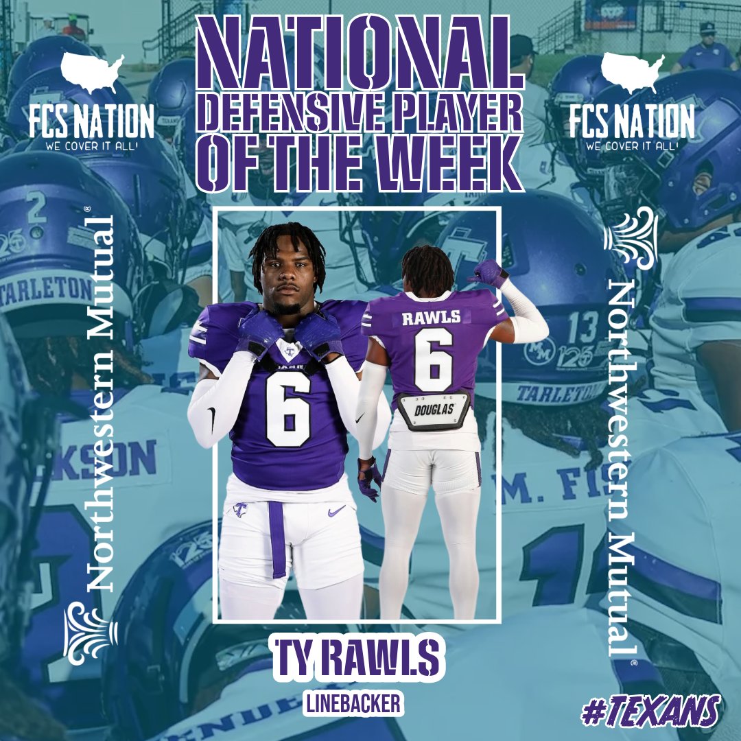 FCS Nation Radio (@fcsnationradio1) on Twitter photo 𝐓𝐘 𝐑𝐀𝐖𝐋𝐒. <a href="/youngbull_ty6/">Ty Rawls C❌C</a>
🟣 𝐃𝐄𝐅𝐄𝐍𝐒𝐈𝐕𝐄 𝐏𝐋𝐀𝐘𝐄𝐑 𝐎𝐅 𝐓𝐇𝐄 𝐖𝐄𝐄𝐊 🟣
Last week vs Portland State: <a href="/TarletonFB/">Tarleton State Football</a>
2 Interceptions
2 Tackles
𝗱𝘂𝗯.
(presented by <a href="/NM_Financial/">Northwestern Mutual</a>) 𝐓𝐘 𝐑𝐀𝐖𝐋𝐒. <a href="/youngbull_ty6/">Ty Rawls C❌C</a>
🟣 𝐃𝐄𝐅𝐄𝐍𝐒𝐈𝐕𝐄 𝐏𝐋𝐀𝐘𝐄𝐑 𝐎𝐅 𝐓𝐇𝐄 𝐖𝐄𝐄𝐊 🟣
Last week vs Portland State: <a href="/TarletonFB/">Tarleton State Football</a>
2 Interceptions
2 Tackles
𝗱𝘂𝗯.
(presented by <a href="/NM_Financial/">Northwestern Mutual</a>)